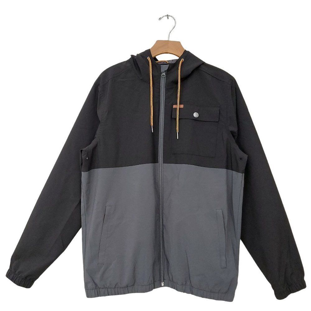 Voyager Hooded Windbreaker Jacket Mens Medium Gray Black Full Zip Waterproof